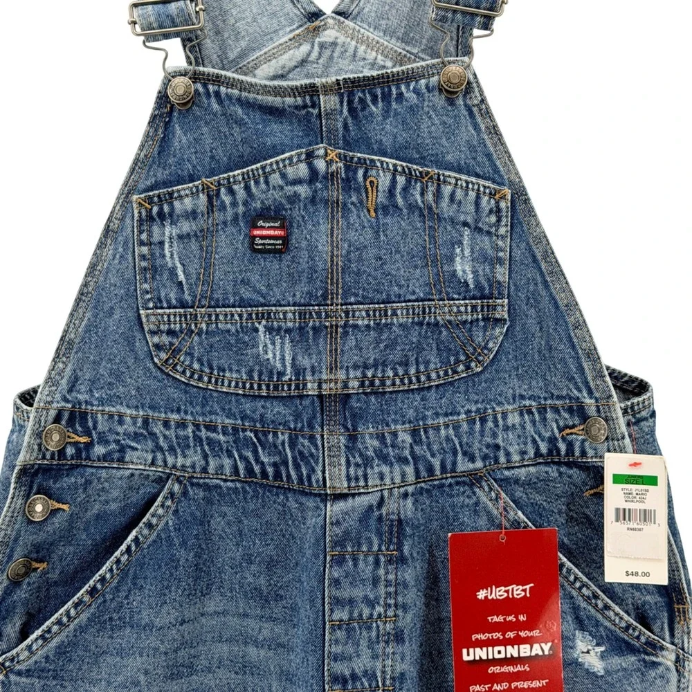 Unionbay Denim Shortalls Women Large Blue NEW Distressed Retro Utility J1L9150 - Picture 3 of 16